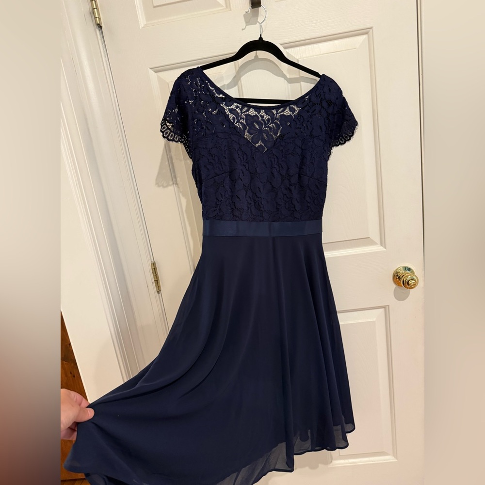 Elegant Navy Lace Dress- L with satin belt ties in back